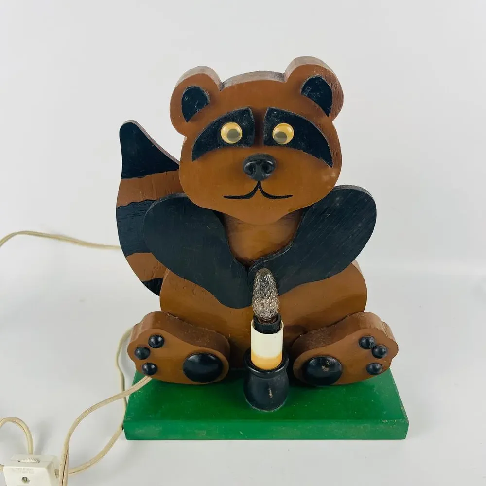 Vintage Raccoon Wood Lamp 10 3/8